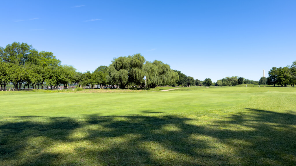 Looking back across the 12th green at East Potomac Golf Links Blue Course, with the green-side mound visible on the right and the Washington Channel through the trees in the background.