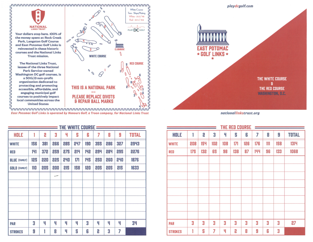 East Potomac Golf Links White and Red Course scorecard showing yardages and par for each 9-hole course across all tees.
