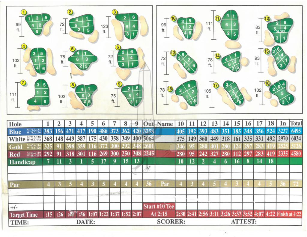 Pohick Bay Golf Course scorecard with yardages, par, and handicap for four tee sets across 18 holes, plus green-shape diagrams.